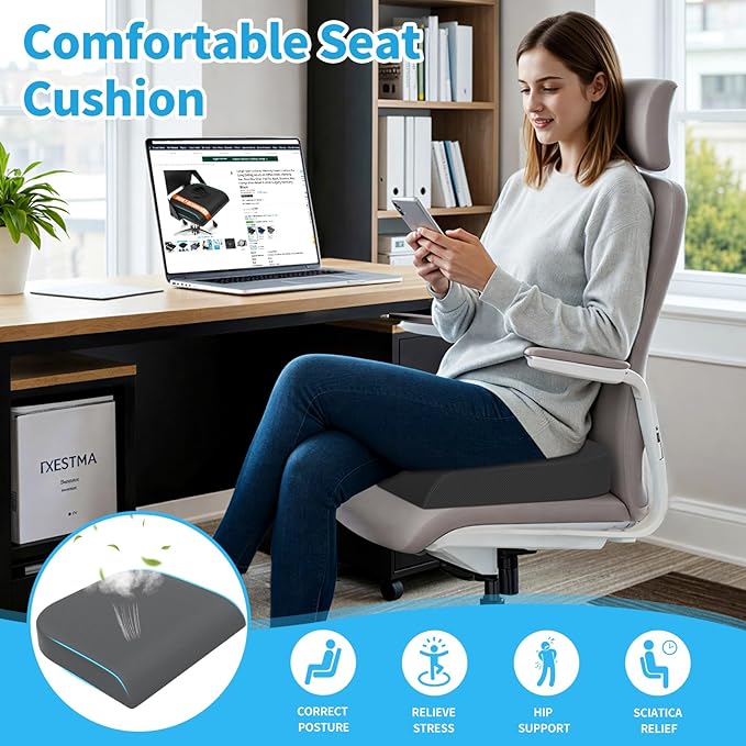 TranquilRelax Large Seat Cushion，Soft Foam Cushion for Long Sitting Hours on Office Chair, Home & Car, Non-Slip Chair Pad for Relieving Back & Sciatica & Hip & Coccyx Pain (Grey)