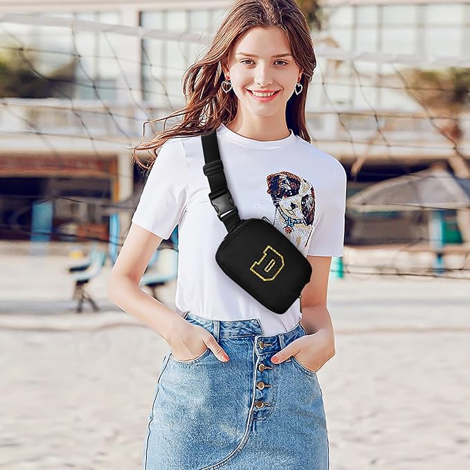 Gitus Belt Bag Fanny Pack Crossbody Bags with Initial Letter Patch Gifts for Wife Older Women Mother Coworker Bridesmaid Anniversary Travel Gifts Beach Gifts (Black-D)