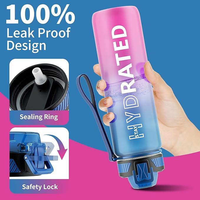QLUR Water Bottle with Straw, 27oz Motivational Water Bottles with Time Marker to Drink, Tritan BPA Free, 750ml Sports Water Bottle with Carry Strap LeakProof for School Fitness Outdoor (1Pack)
