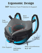 YFONG Travel Pillow for Long Flight Airplanes, Head Strap Combo with 3D Contoured Eye Mask for Sleep, Neck Pillow for Car Trip Essential, 360° Support Memory Foam Headrest, Prevent Bobbing, Blue