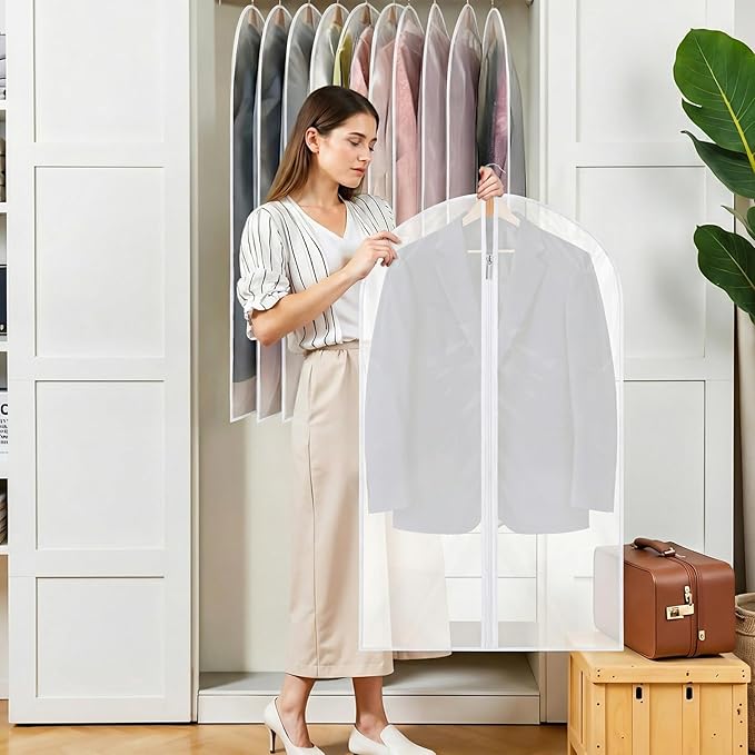 Dntorx 12 Pack Garment Bags 60 * 100cm, 40in PEVA Translucent Garment Covers, Suit Storage Bags, Dress Organizer Bags Used To Protect Shirts, Winter Coats, Jackets（White Edge）