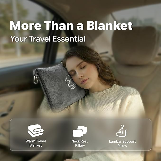 Travel Blanket, Soft 2-in-1 Airplane Blanket, 65x40 Inches, Travel Blanket Airplane Compact with Bag, Car Blanket with Luggage Sleeve & Backpack Clip (Light Grey)