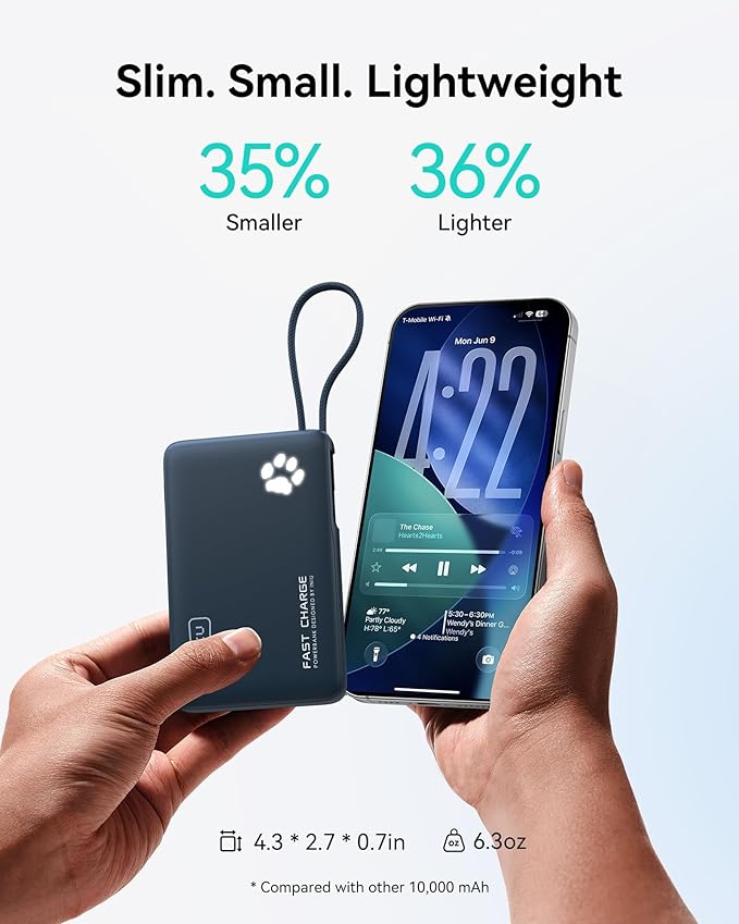 INIU Portable Charger, Slim 10000mAh Power Bank with Built-in USB-C, 45W Fast Charging Flight Travel Essentials, for College Students Men Women Girl Boy