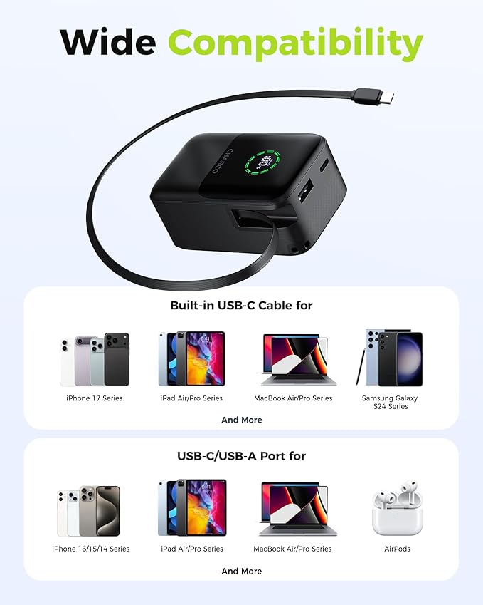 CHARCO Portable Charger Power Bank Fast Charging 45W, 10000mAh Battery Pack Charger Portable with Retractable USB C Cable, Travel Essential Powerbank Compatible with iPhone 17/16 Series, Samsung