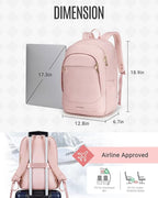 LIGHT FLIGHT Travel Laptop Backpacks for Women, 17.3 inches Laptop Backpack with USB Charging Hole, Water Resistant College Bookbag, Large Capacity Computer Backpacks for Work, Pink