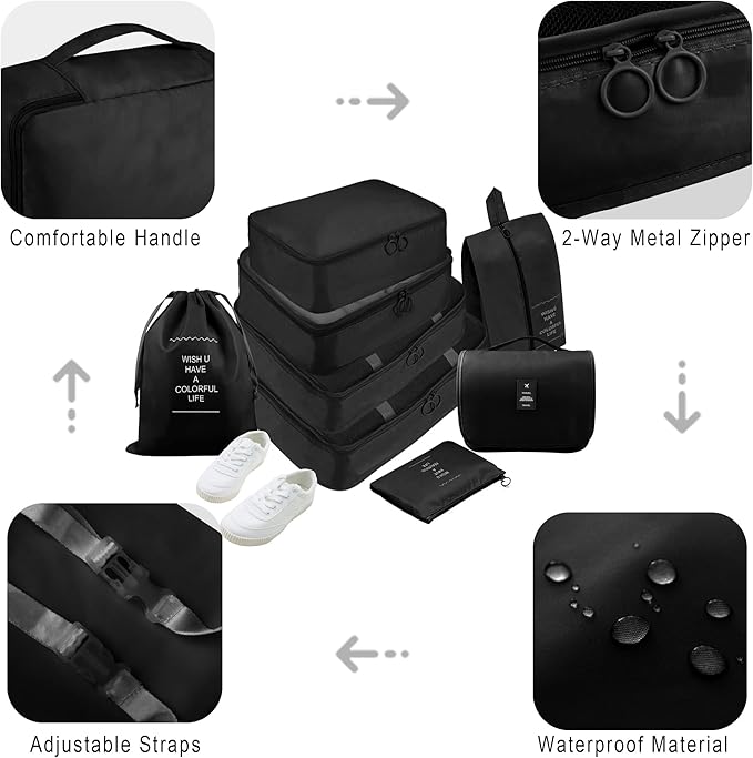 Packing Cubes, 8 Pcs Travel Packing Organizers for Suitcases, Large Capacity Travel Luggage Organizers Set includes 8 Storage Bags, Travel Essentials for Women or Men (Black)