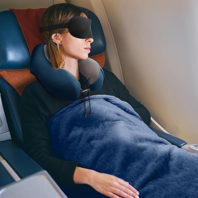 urnexttour Travel Pillow and Blanket Set Neck Pillows Travel Essentials with Sleep Mask for Airplane Car Memory Foam Blue