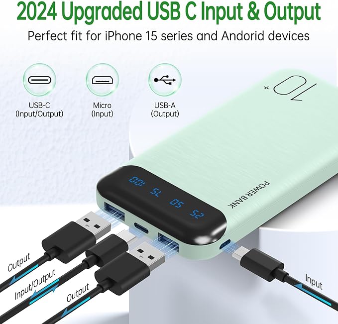 YOBON Power Bank 10000mAh Portable Charger Slim Battery Pack with 2 USB 2.4A Outputs and USB C in/Out Compatible with Huawei iPhone 16 15 14 13 12 iPad Samsung Galaxy S20 Android Tablet (Light Green)