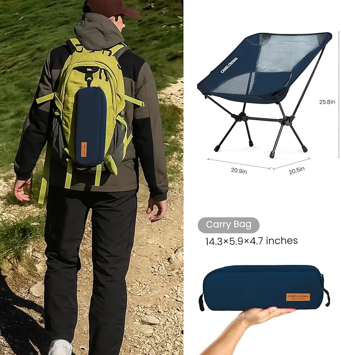 CAMEL CROWN Portable Camping Chair Lightweight Compact Folding Chair Mesh for Outdoor Camp Travel Beach Picnic Festival Hiking Backpacking Navy Blue 2 Pack