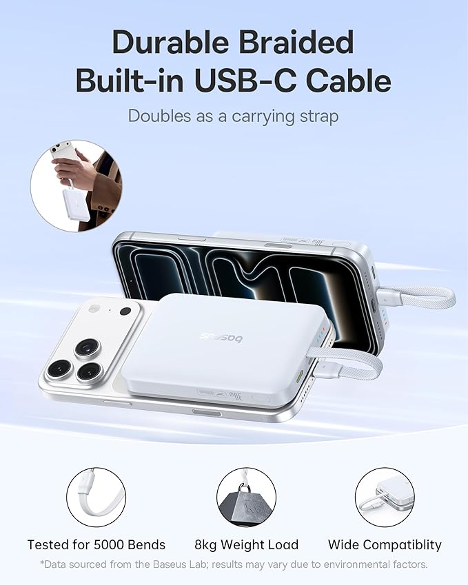 Baseus Magsafe Power Bank, 10,000mAh 30W Magnetic Portable Charger, Fast Charging Wireless Battery Pack with Built-in Braided USB-C Cable for iPhone 17 Pro Max/Air/16/15/14/13, AirPods, iPad and More