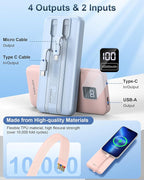 AsperX 2-Pack 10000mAh Portable Charger with Built-in Cables, USB C Travel Essential Battery Pack with 4 Outputs 2 Inputs,LED Display Power Bank with Cord Wires for iPhone Samsung Google Pixel iPad