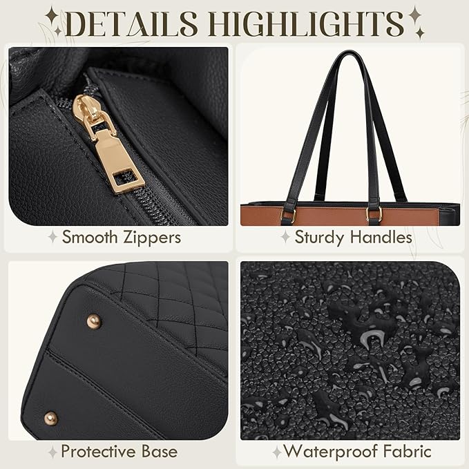 RAINSMORE Laptop Bag for Women 15.6 Inch Work Tote Bags Leather Laptop Tote Professional Laptop Purse Computer Handbag Womens Briefcase Tote with Clutch for Teacher Office Travel, Black Brown & White