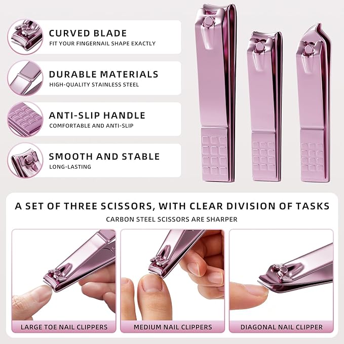 ZIZZON Professional Nail Care Kit, 12-Piece Manicure & Pedicure Grooming Set with Travel Case, Stainless Steel Nail Clippers, Cuticle Trimmer & Beauty Tools, Portable Gift Set(Pink)