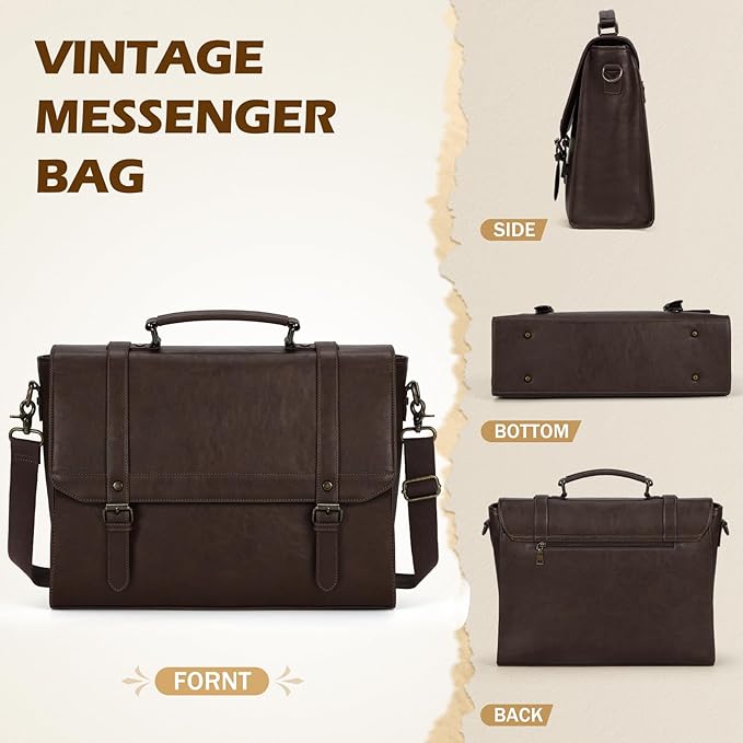 IGOLUMON Messenger Bag for Men 15.6 inch Vintage Leather Waterproof Laptop Briefcase for Men Large Computer Laptop Bag Leather Satchel Bag Retro Shoulder Bag for Office Business College, Coffee