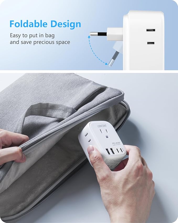 LENCENT European Travel Plug Adapter, PD 45W Type C Foldable Power Plug with 4 Outlets 4 USB Ports, USB Fast Charger Adaptor, Power Adaptor for US to Most of Europe EU Spain Italy France Germany