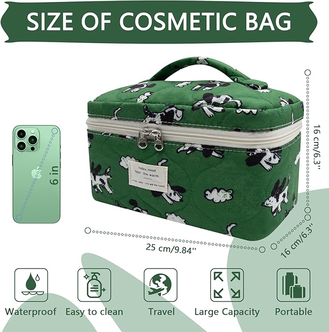 Gosect Large Makeup Bag, Cute Cosmetic Bag for Women Girls, Floral Coquette Aesthetic Toiletry Bag, Travel Make Up Organizer Bag (Green Dog Print