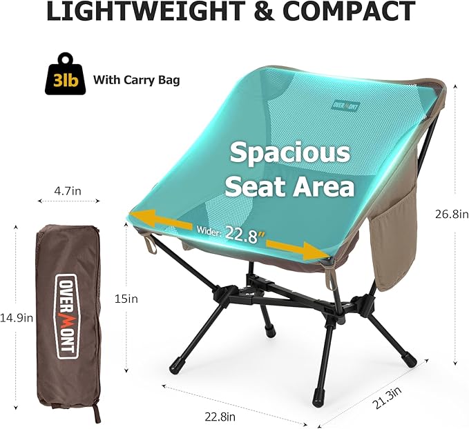 Overmont Ultralight Portable Camping Chair- Lightweight Folding Backpacking Chair, Support up to 330Lbs Compact Beach Chair for Adults with Carry Bag for Backpack Hiking Fishing Outdoor Camp Travel