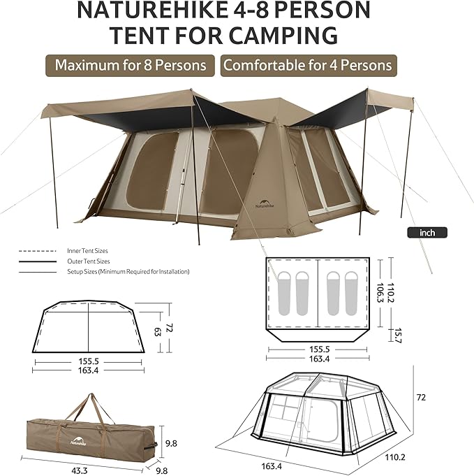 Naturehike Village Instant Tent, Camping Tent with Full Rainfly, Waterproof Large Cabin Tents for Car Camping