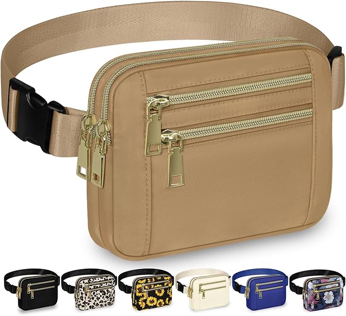 Capolo Fanny Packs for Women Fashion Waist Packs Bag with Adjustable Strap and 4 Zipper Pockets Waterproof Everywhere Crossbody Belt Bag for Workout Running Travelling(Khaki)