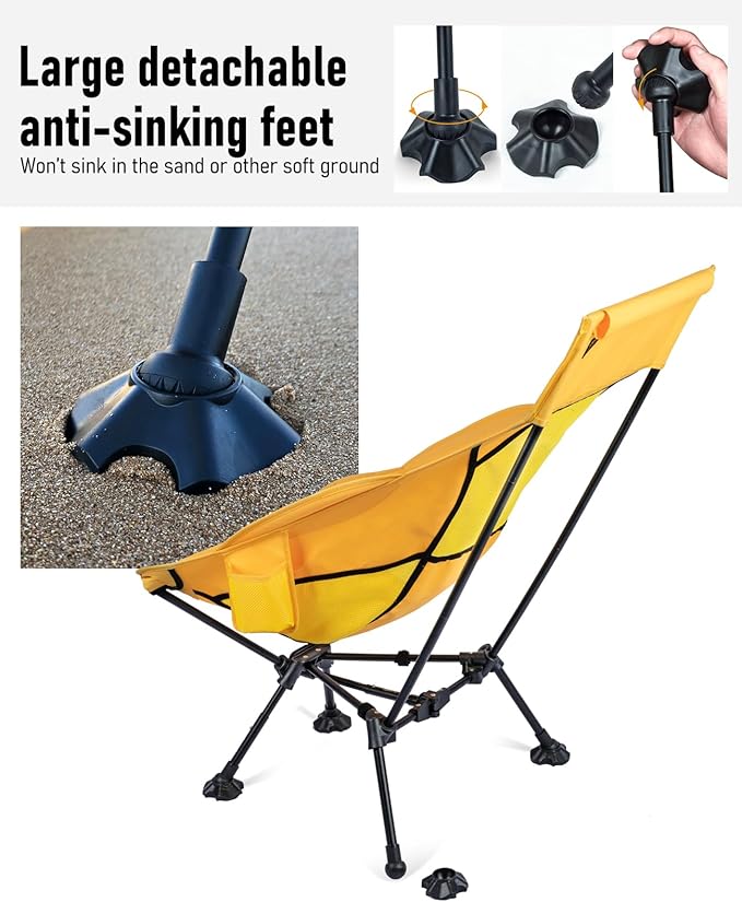iClimb Ultralight Compact Camping Folding Beach Chair with Anti-Sinking Large Feet (Yellow - Triangular Frame High Back)
