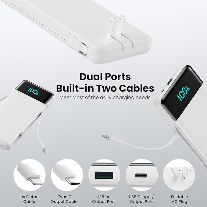 Portable Charger with Built-in AC Plug and Cables,13800mAh All in One USB C Fast Charging Power Bank,Travel Essentials Portable Phone Charger Battery Pack for iPhone 17/16/15/14,Galaxy,Android-White