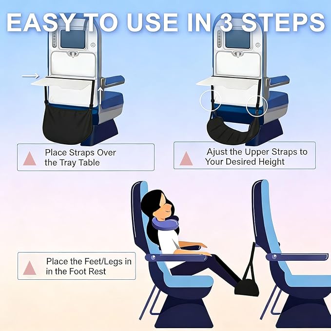 2-Pack Airplane Foot Hammock with Memory Foam, Large Ergonomic Leg Rest for Long Flights – Portable Foot Hammock for Plane Travel Essential to Relieve Foot Pain & Swelling