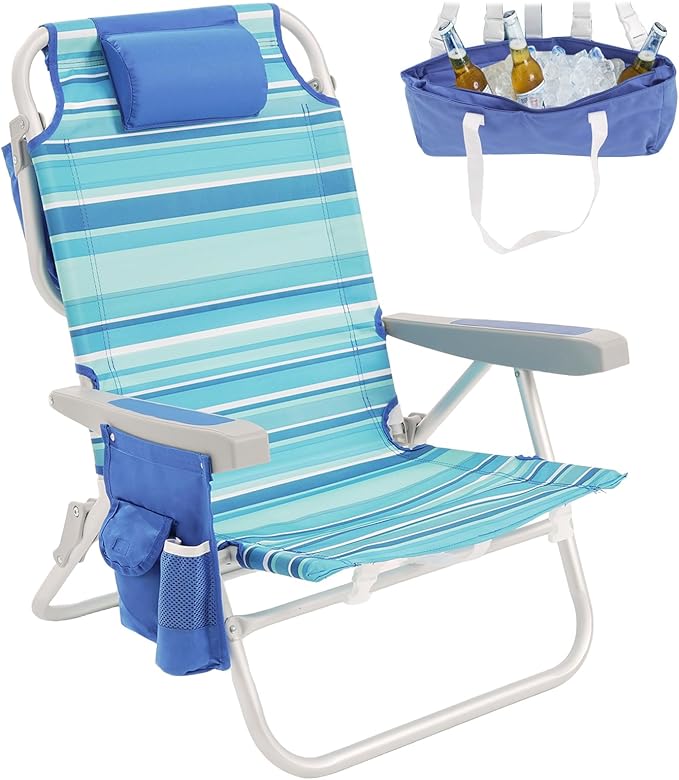 SUNNYFEEL Low Beach Chair, 5-Position Lay Flat Reclining, Backpack Portable Folding Chair with Cooler Bag & Cup Holder, Heavy Duty 350 LBS, Compact for Beach, Camping, Travel