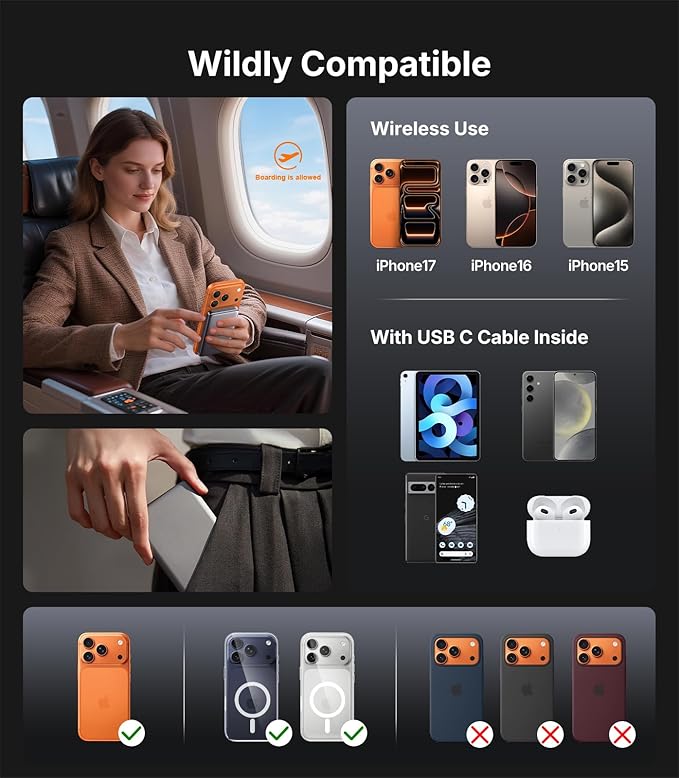 Portable Charger for iPhone, Ultra-Slim 10,000mAh Magnetic Power Bank, Fast Charging with USB C Cable, Magsafe Wireless Battery Pack for iPhone 17/16/15/14/13/12 Series Travel Essentials
