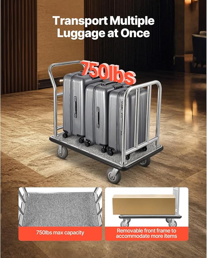 Hotel Luggage Cart 750 LBS Platform Truck with Removable Front Frame Heavy-Duty Capacity: This Durable Bellman cart Measures 42.5 × 25 × 38.6 inches (108 × 64 × 98 cm) and Holds up to 750 lbs Its sp