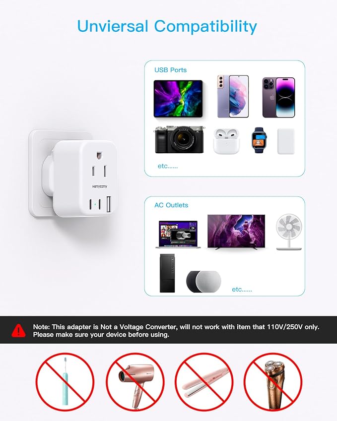 HANYCONY US to UK Ireland Travel Plug Adapter, Type G Travel Adapter 2 Outlets 3 USB Ports(2USB C), UK Power Adapter Converter for USA to Dubai England London Scotland British Kenya Irish Hongkong