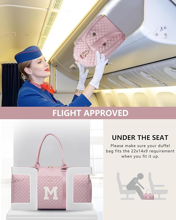 Women Weekender Travel Duffle Bag: Initial Duffel Overnight Bags with Shoe Compartment Large Carry on Tote with Toiletry Bag Weekend Traveling Yoga Gym Hospital Bag for Women with Wet Pocket Letter M