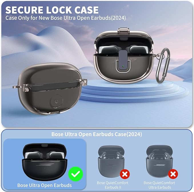 [Secure Lock] for Bose Ultra Open Earbuds Case(2024), TUDIOW Clear TPU Shockproof Protective Cover for Bose Open Ear Wireless Earbuds Accessories with Cleaning Kit & Keychain (Clear Grey)
