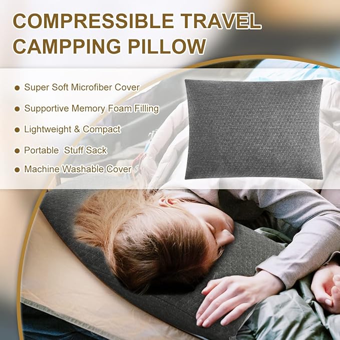Ivellow Travel Pillow Camping Pillow for Sleeping Small Shredded Memory Foam Pillow Compressible Compact Medium Firm, Soft Breathable Cover,Supportive for Outdoor Car Backpacking Hiking Essential Gear