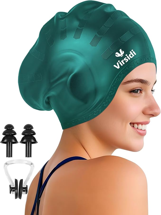 Swim Cap for Long Hair, Silicone Swimming Cap for Adult Women Men with 3D Ear Protection, Waterproof Large Swim Hats Bathing Caps to Keep Hair Dry with Ear Plugs Nose Clip