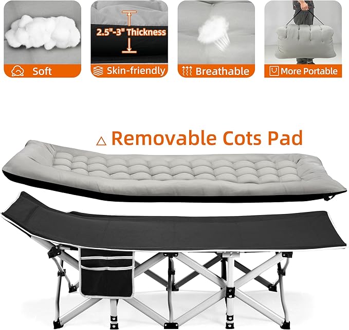 Fragess Portable Camping Cot, Sleeping Cots for Adults, 28" Extra Wide Folding Cot Max Load 600LBS with Thick Mattress, Portable Camping Bed for Outdoor Camp/Office, Home Nap (Black+Grey)