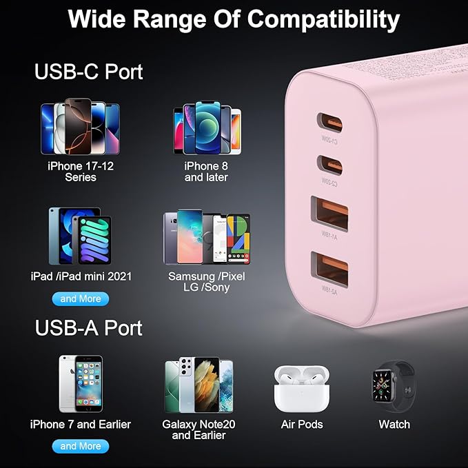 USB C Charger Block, 3-Pack 40W Wall Plug Fast Charging Block, Type C Charging Blocks Cube 4-Port PD + QC Power Adapter, Compatible with iPhone 17/16/15/14/13/12/11/Pro Max, Tablets（Pink）
