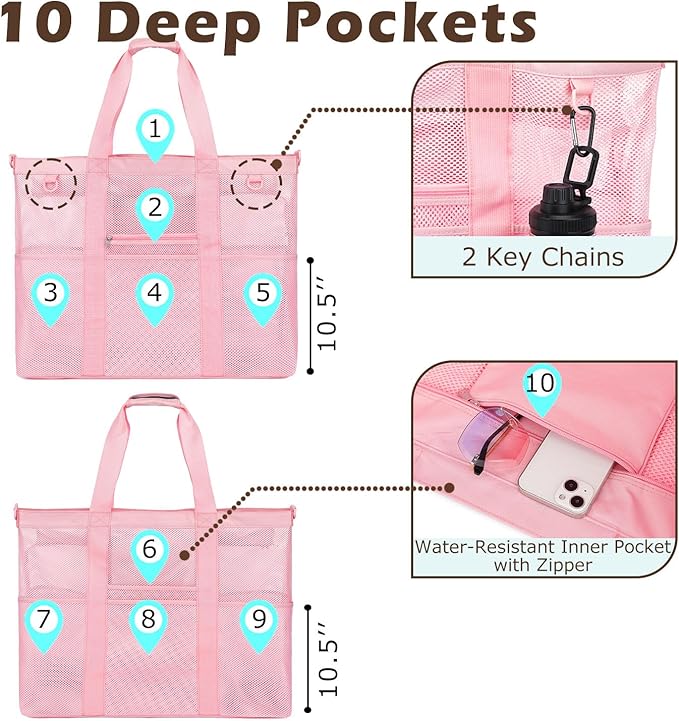 Fammart Mesh Beach Bag with Zipper, Large Beach Tote for Women, Toys Pool Swim Bag Travel Vacation Cruise Essentials