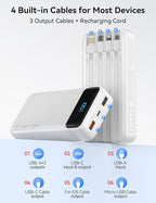 Portable Charger, 20000mAh 22.5W Fast Charging Power Bank with 4 Built-in Cables, Travel Essentials External Battery Pack with LED Display, 6 Outputs Charging Bank for iPhone, iPad, Samsung etc White