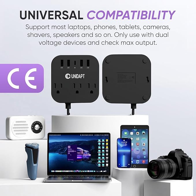 European Plug Adapter, Unidapt US to UK Europe Power Strip for EU/UK/US with USB C and 4 USB Ports, 3 AC Outlets, Wall Mountable, 5ft Extension Cord, for Travel Cruise Ship Home (Black)