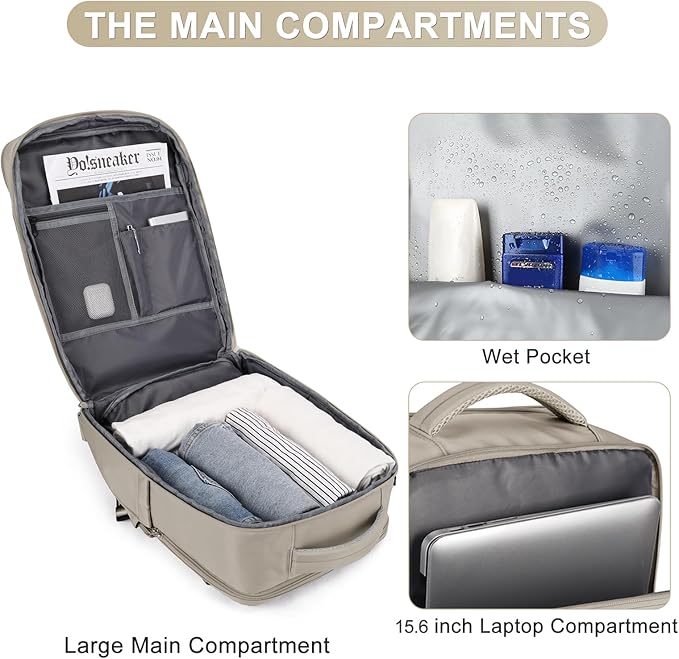 coofay Laptop Travel Backpack For Women Men Airline Approved Carry On Bags For Airplanes Underseat Luggage Backpack For Traveling On Airplane Personal Item Travel Bag For Airlines Light Brown