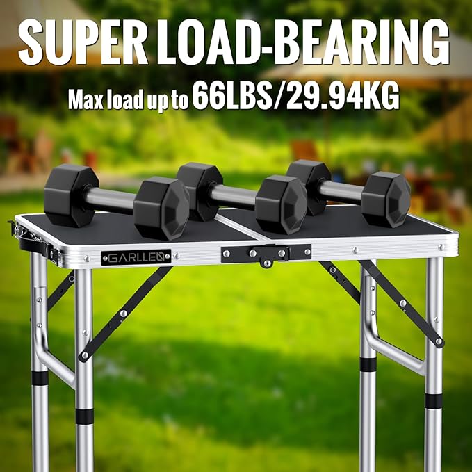GARLLEN 2ft Folding Camping Table, Portable Folding Picnic Table with 3-Height Adjustable, Lightweight Aluminum Outdoor Tables for BBQ, Camping, Cooking, 22.8" L x 15.7" W, Silver