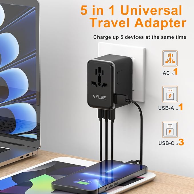 VYLEE Universal Travel Adapter, PD100W GaN International Power Adapter with 3 USB C and 1 USB A Charging Ports, All in One Power Outlet, Worldwide Plug Adapter for US to European UK AUS Ireland(Black)