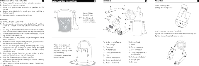 Ridgewinder Portable Shower for Camping with Dry Bag - Camp Shower with Rechargeable Battery and Included 10L Dry Bag for Water Storage. Complete Camping Shower in a Bag (+Sprayer Attachment).