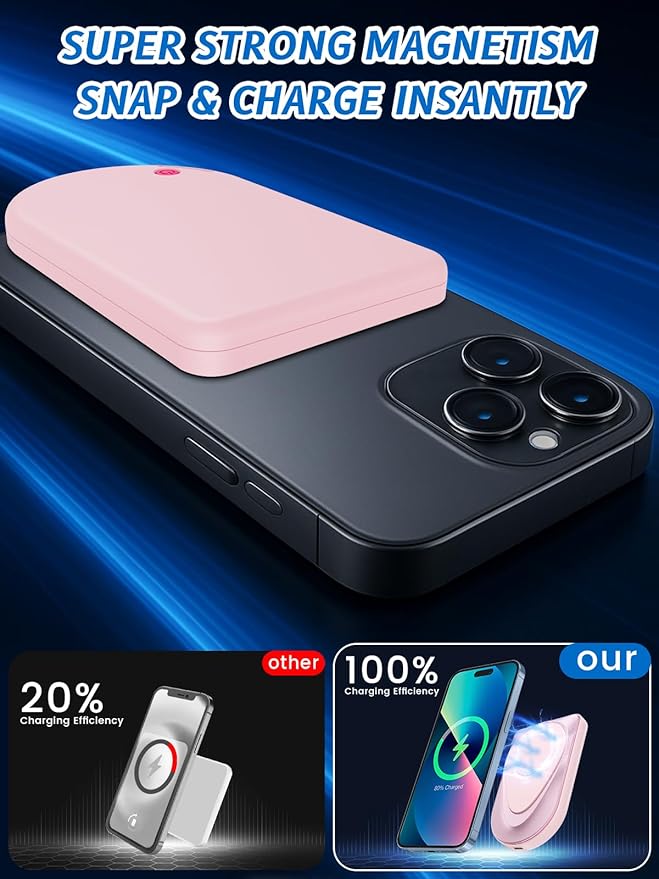 Magnetic Portable Charger, 10000mAh Wireless Portable Charger USB-C Cable, Compatible Battery,Pack Power Bank for iPhone 17/16/15/14/13/12 Series,Samsung (Pink)