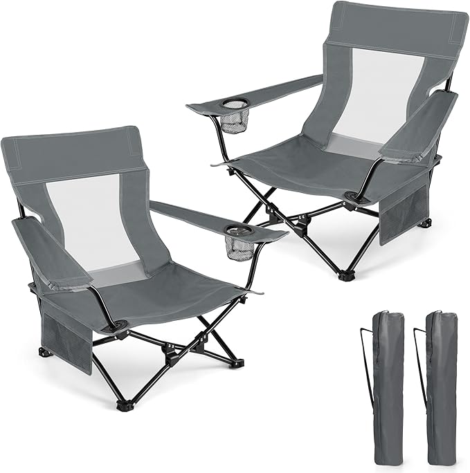 HaSteeL Folding Beach Chair Set of 2, Foldable Grey Camping Chairs for Outside, Low Beach Chair Portable for Adults Fishing, Picnic, Outdoor BBQ, Travel, Sports, Cup Holder & Storage Bag