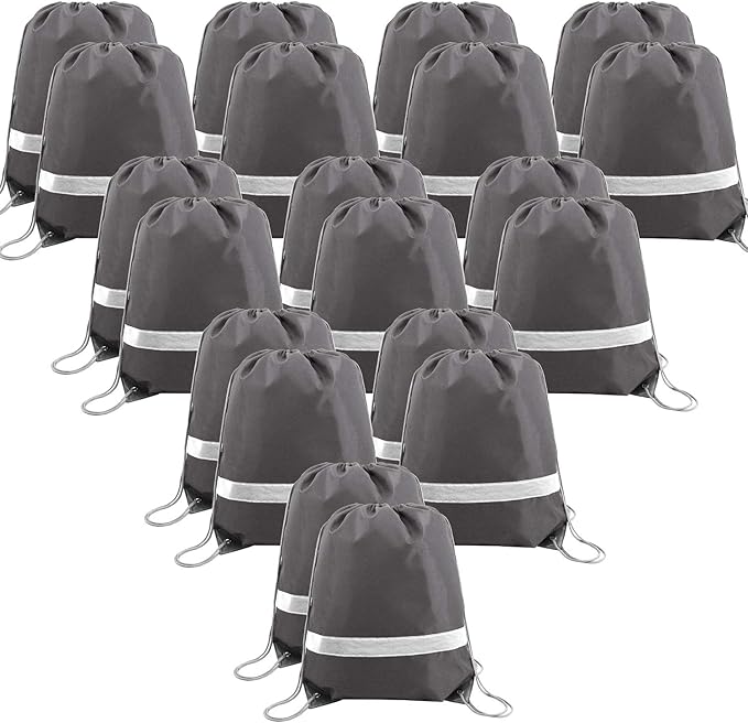 BeeGreen 20-Piece Grey Drawstring Backpacks, Reflective Cinch Sacks, DIY Blank Drawstring Bags for Women and Men, 16.5" L x 13.4" W