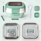 Sinnsally Bento Box Adult Lunch Box with Stainless Steel Container,Metal Lunchable Food Storage Container with Sauce Jar (Khaki Green)