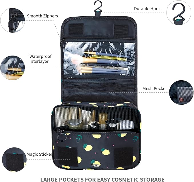 Lcsmaokin Large Capacity Toiletry Bag Travel Bag with Hanging Hook for Men and Women Waterproof Travel Cosmetic Bag Bathroom Storage Bag for Brushes Set,Full-Sized Shampoo,Accessories -Yellow Lemon