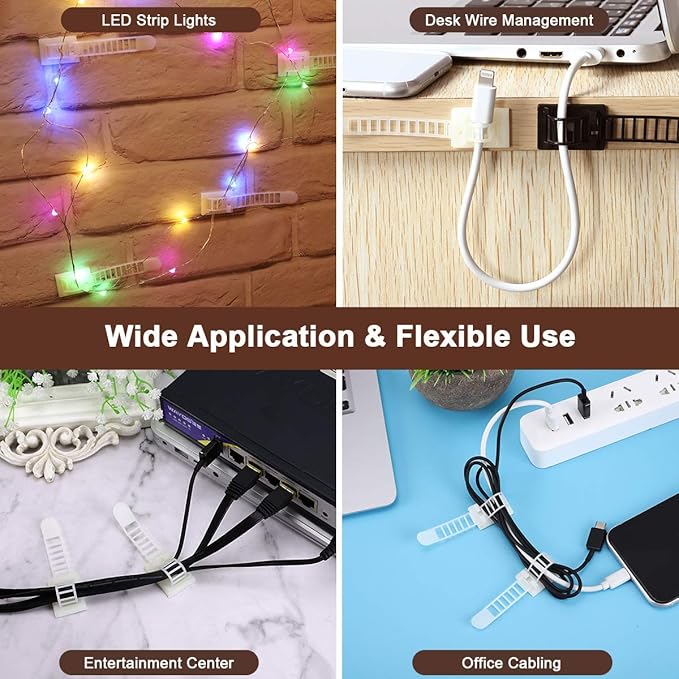 100Pcs Adhesive Cable Management Clips with 50Pcs Zip Ties, Adjustable Nylon Cable Strap Ties Wire Clips Clamps Organizer, Extra Screw & Hole - 3.35 Inch White