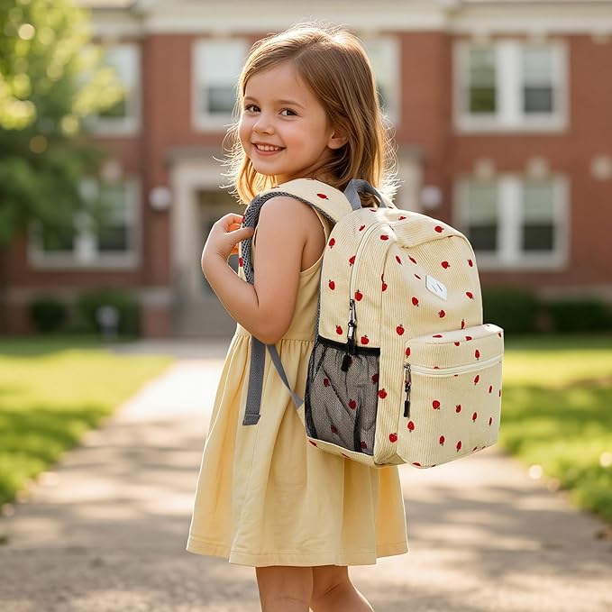 STEAMEDBUN Corduroy Kids Backpack for Girls Boys 3-8, Girls Backpack for Elementary Kindergarten - Strawberry